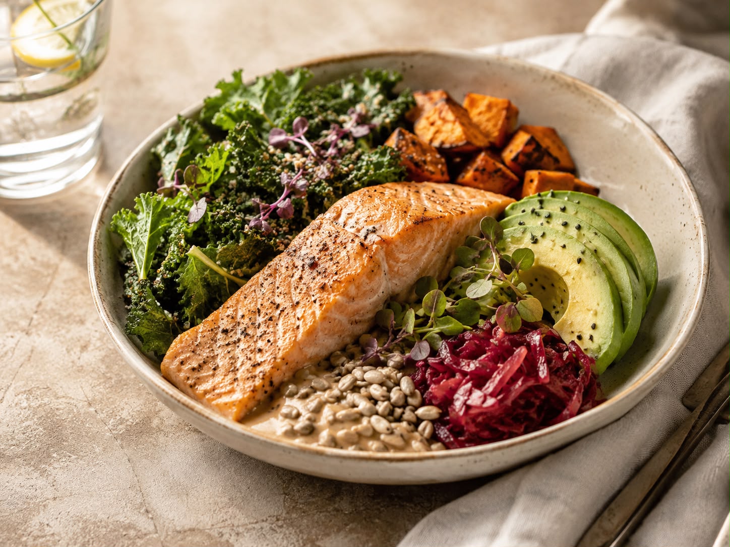 A nourishing salmon bowl — protein and fiber, anchored